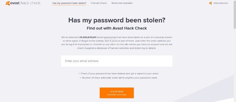 Мониторинг нарушений электронной почты Avast Hack Check