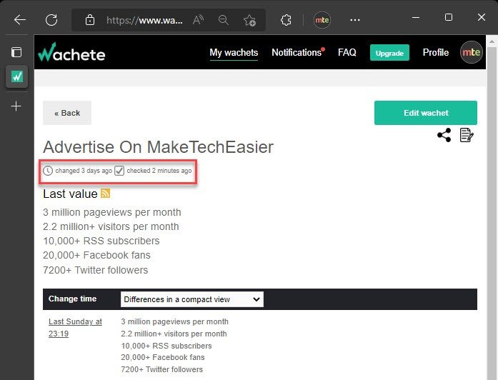 Мониторинг изменений на сайте Wachete Wachetstats Lastchecked
