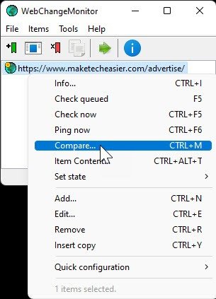 Мониторинг изменений на сайте Главное контекстное меню WCM Сравнить