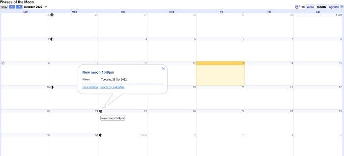 Фазы Луны с просмотром ссылки на Календарь Google на ПК