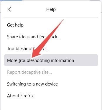 Опция «Дополнительная информация по устранению неполадок» в меню Firefox.