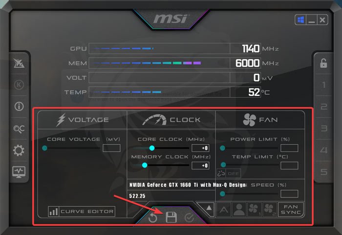 Видны возможности Msi Afterburner для разгона.