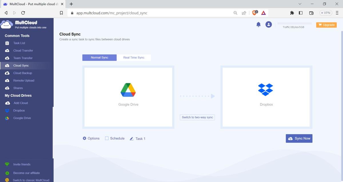 Синхронизация Multcloud Google Drive с Dropbox Cloud Sync Cloud Storage Manager