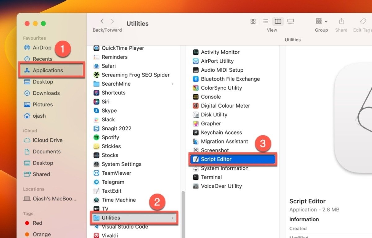 Перейдите к «Приложениям», щелкните папку «Утилиты» и запустите редактор сценариев.