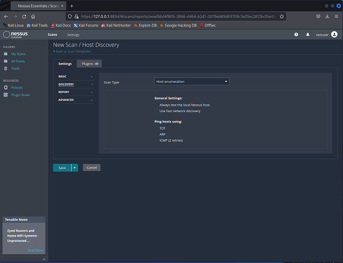 Страница настроек обнаружения нового сканирования Nessus