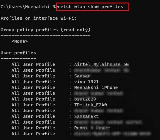 Список профилей пользователей WLAN на вашем компьютере.