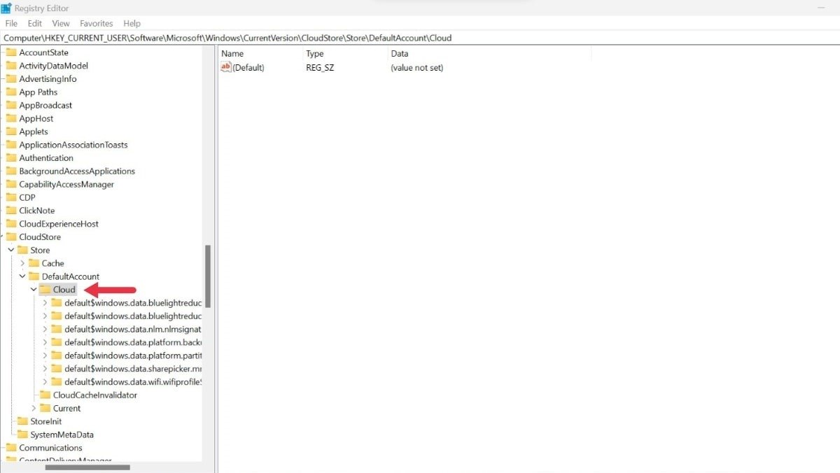 Переход к ключу «Облако» в редакторе реестра.
