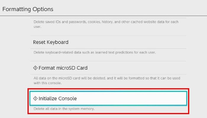 Параметры форматирования Nintendo Switch