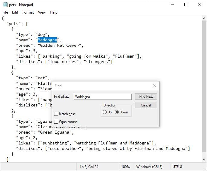 Блокнот ищет Maddogna в файле Json