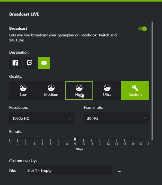 Nvidia Share Настройки трансляции Shadowplay