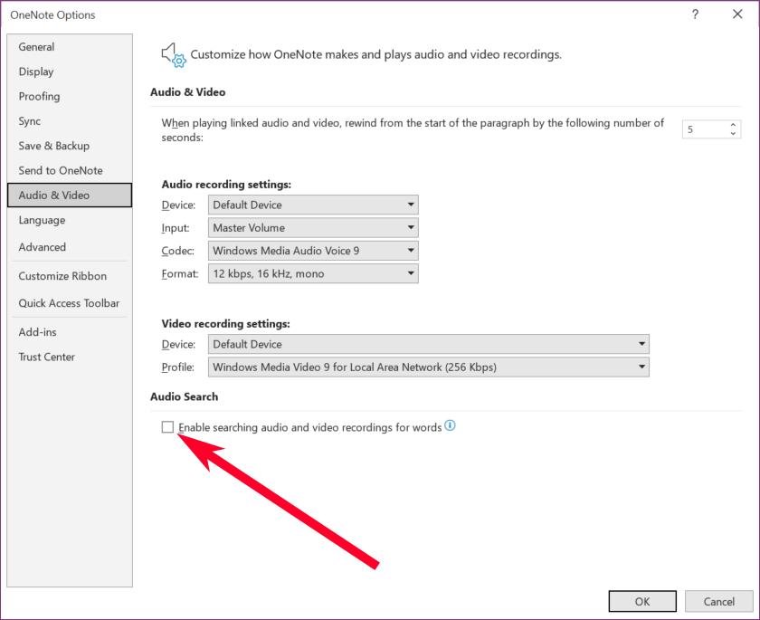 Включение опции «Включить поиск по словам в аудио- и видеозаписях» в настройках OneNote.
