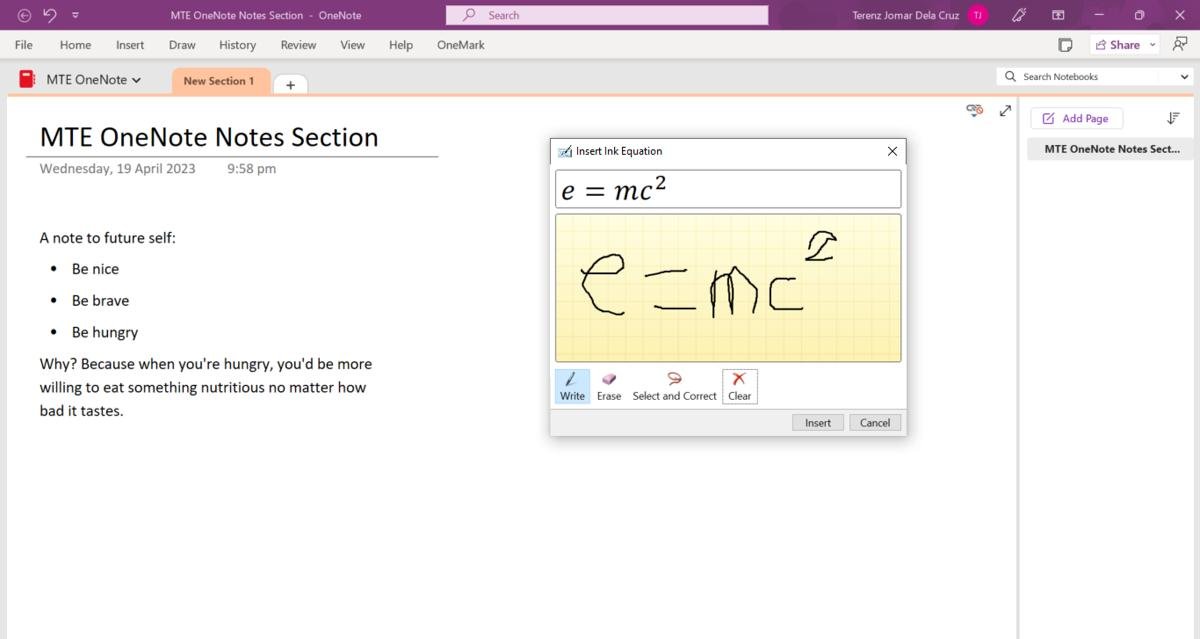 Рисование математического уравнения в OneNote.