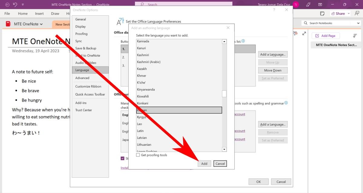 Добавление нового языка в OneNote.