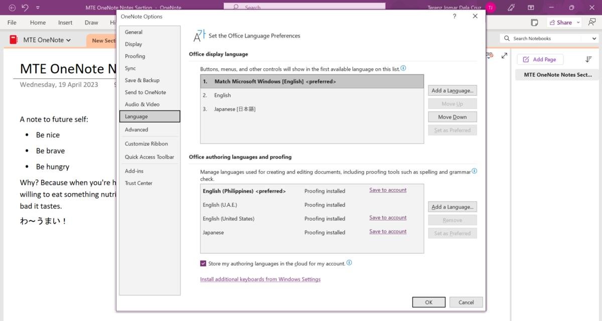 Доступ к языковым настройкам в OneNote.