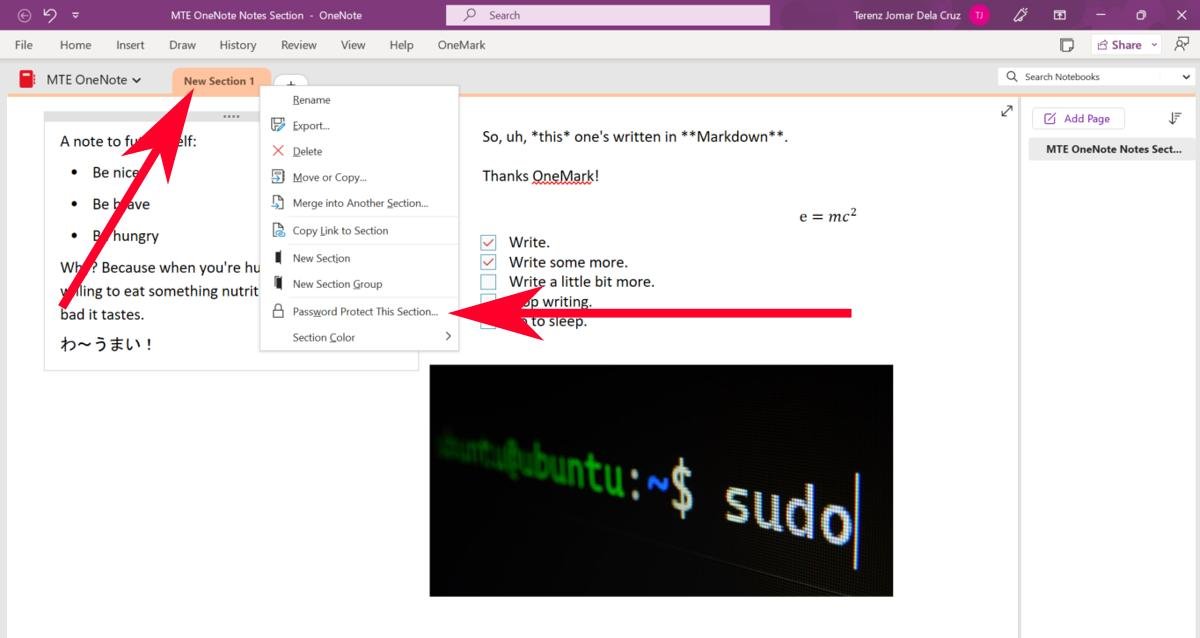 Включение опции пароля для раздела OneNote.