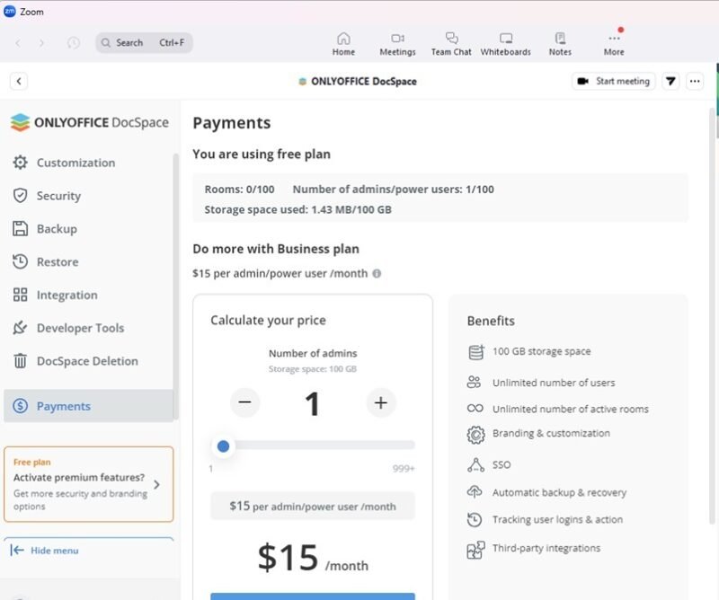 Стоимость и преимущества приложения ONLYOFFICE DocSpace for Zoom.