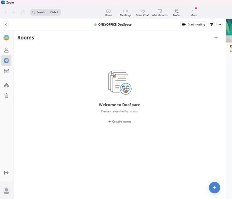 Главный экран или панель управления приложения DocSpace для Zoom.