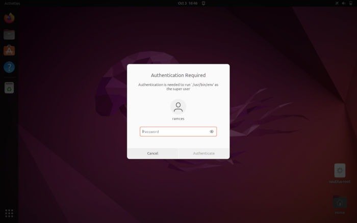 Открыть корневые файлы Ubuntu 19, запустить Pkexec