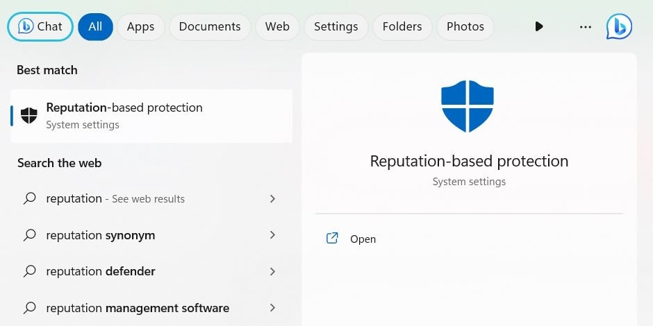Открытие «Защиты на основе репутации» с помощью поиска Windows.