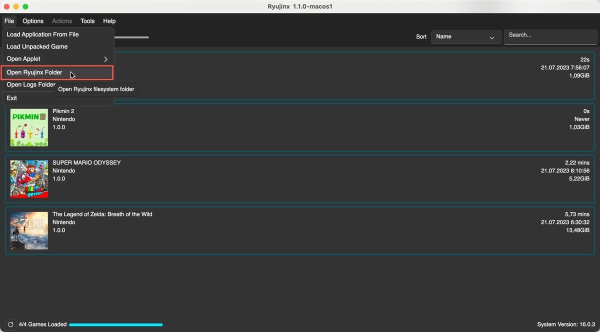 Открыть папку Ryujinx