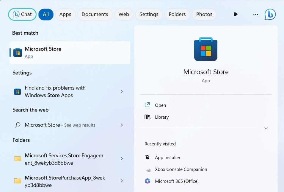 Открытие Microsoft Store в поиске Windows.