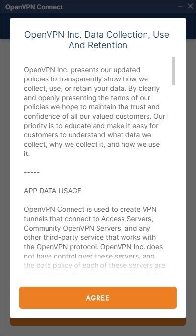 Экран соглашения OpenVPN с лицензионным соглашением