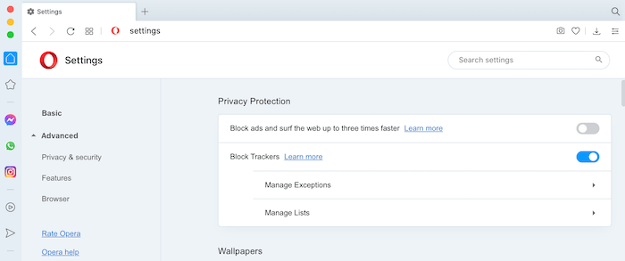 Вы можете добавить исключения в список блокировки трекеров Opera.