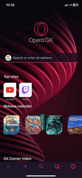 Приложение Opera GX для просмотра на мобильных устройствах.