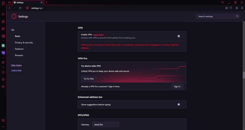 Настройки VPN Opera Gx