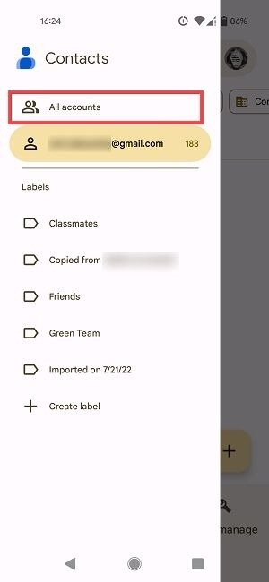 Опция «Все аккаунты» в приложении Google Контакты.