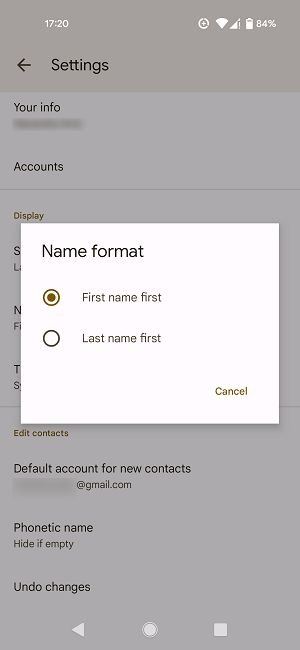 Параметры «Формат имени» в приложении Google Контакты.