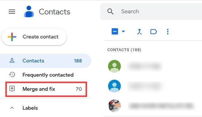Параметр «Объединить и исправить» в Google Контактах для ПК.