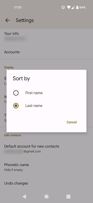 Параметры «Сортировать по» в приложении «Google Контакты».