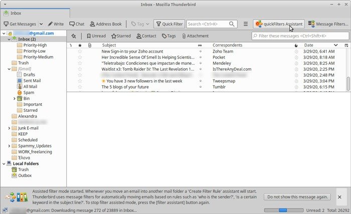 Организованные входящие быстрые фильтры Thunderbird включают помощника