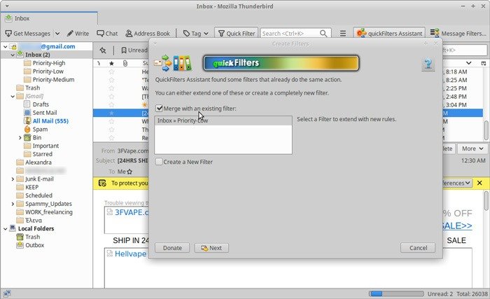 Организованные быстрые фильтры входящих сообщений Thunderbird Объединение фильтров