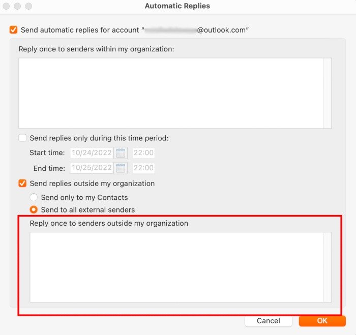Сообщение об отсутствии на работе Инструменты Outlook для Mac Автоматические ответы на внешние