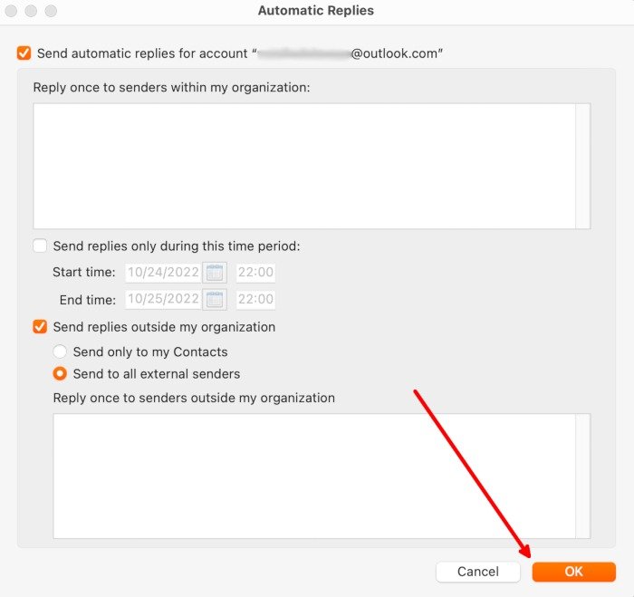 Сообщение об отсутствии на работе Инструменты Outlook для Mac Автоматические ответы при включении «ОК»