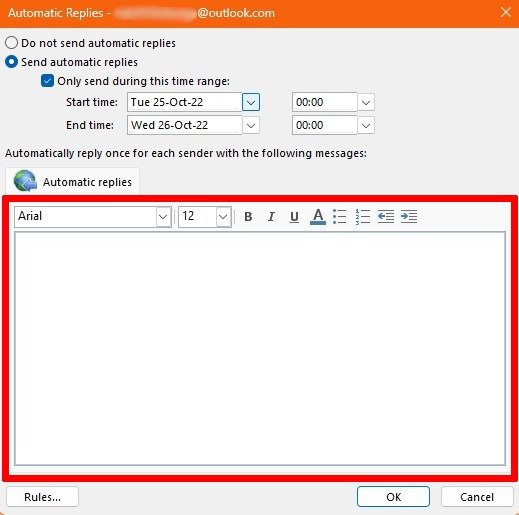 Сообщение об отсутствии на работе Outlook Автоматические ответы Windows Текстовое поле 1