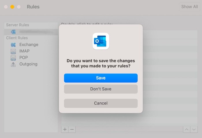 Сохранение нового правила в Outlook для Mac.