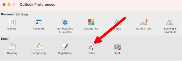 Нажатие «Правила» в Outlook для Mac.