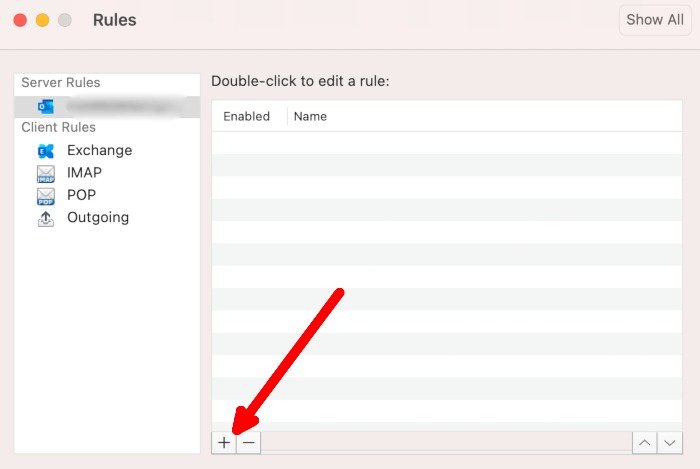 Нажмите кнопку «Добавить» в разделе «Правила» в Outlook для Mac.