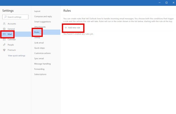 Параметр «Добавить новое правило» в новом Outlook для Windows.