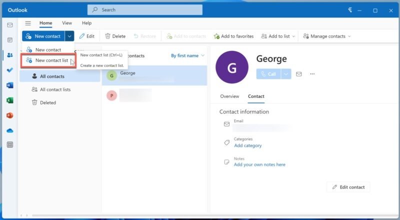 Outlook Создать новый список контактов