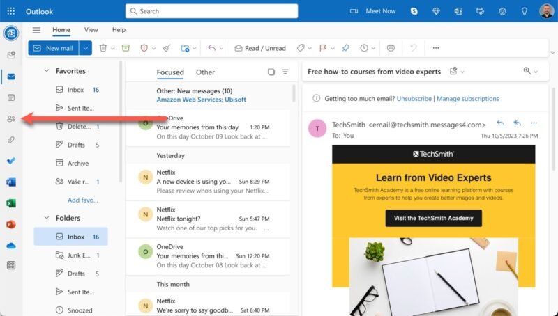 Outlook в Интернете, вкладка «Люди»