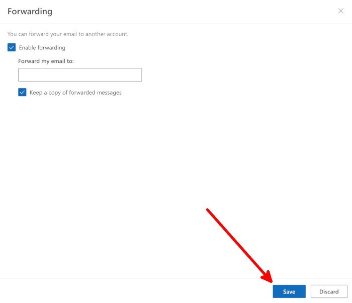 Сохранение параметров переадресации в Outlook в Интернете.