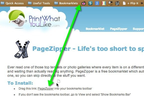 Перетащите закладку PageZipper на панель закладок.