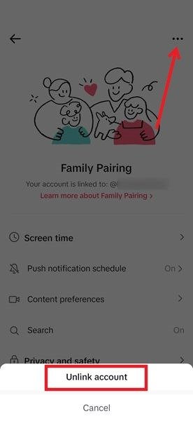 Нажатие на опцию «Отключить учетную запись» на дочернем устройстве в приложении TikTok.
