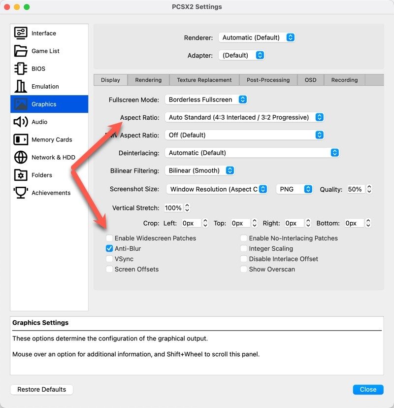 Настройки дисплея Pcsx2 Macos