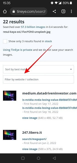 Выполните обратный поиск изображений Android Tineye Filter