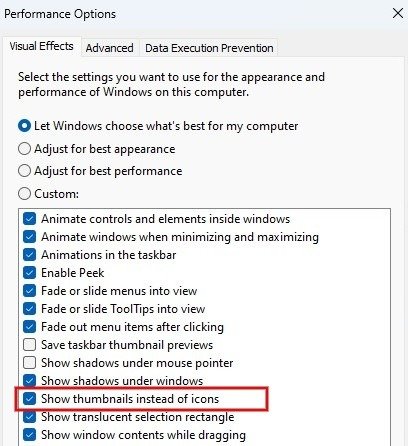 Нажмите «Показать миниатюры вместо значков» в диалоговом окне «Параметры производительности».